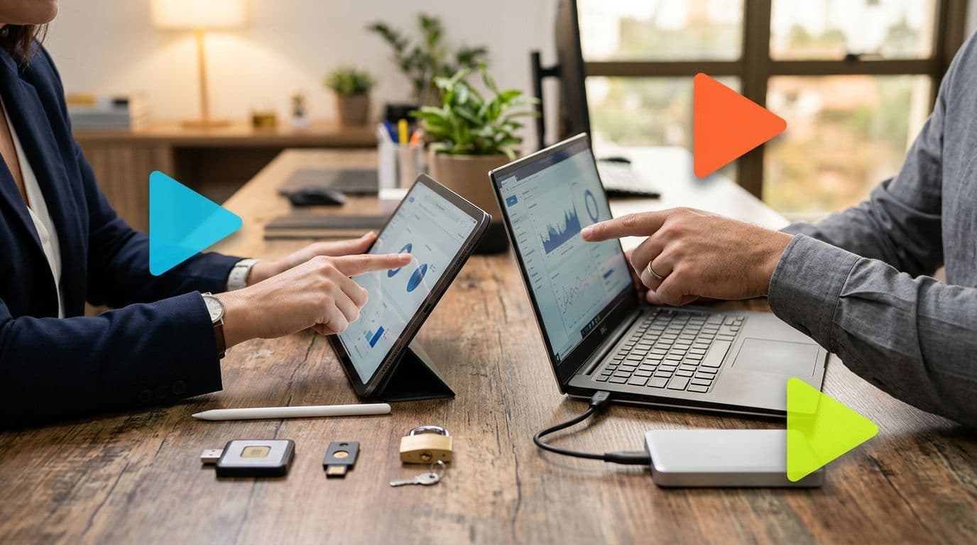 Pessoas analisando gráficos em tablets e laptops