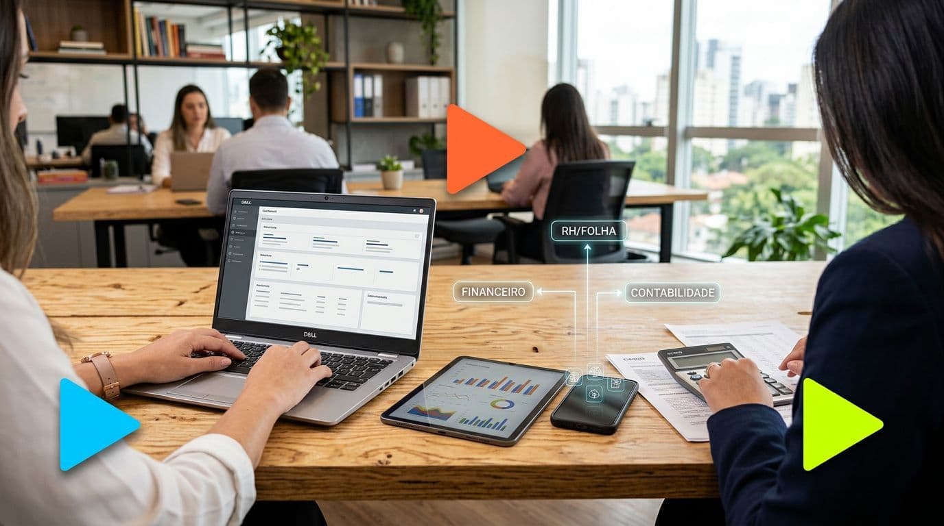 Colaboradores trabalhando em escritório moderno com tecnologia.