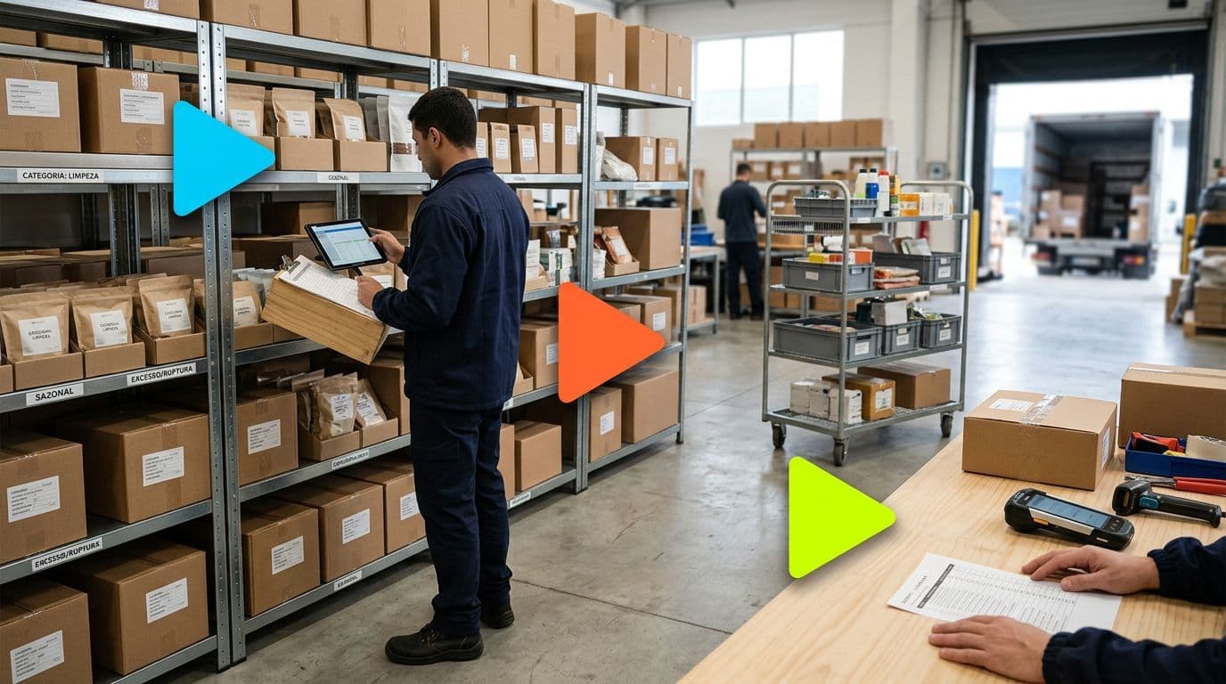 Homem de uniforme azul confere estoque em prateleiras cheias de caixas usando um tablet num grande galpão. Ao fundo, colega e caminhão; à frente, mesa com leitor de barras.