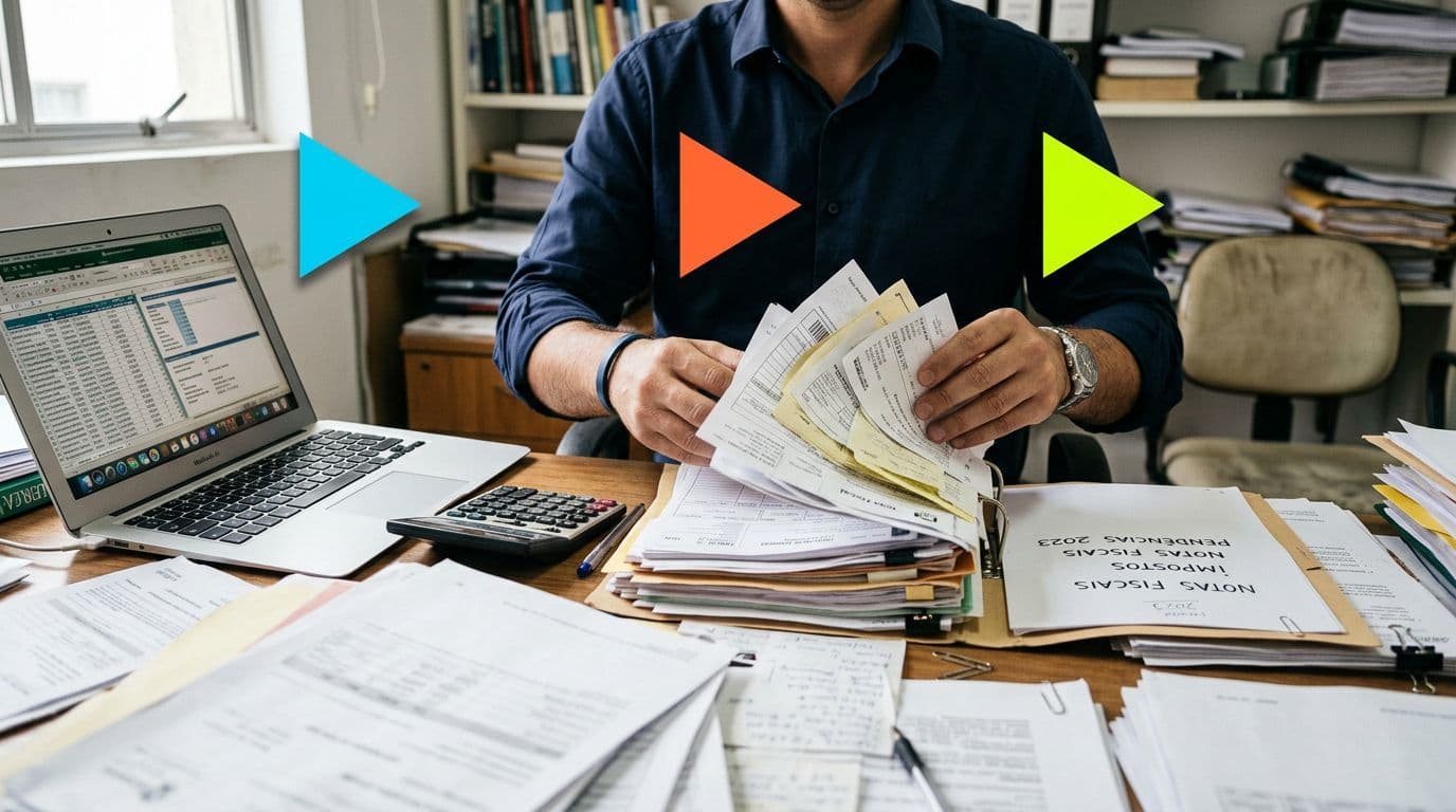 Homem organizando documentos em mesa de trabalho