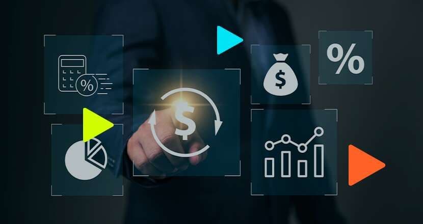 Homem interagindo com ícones financeiros digitais