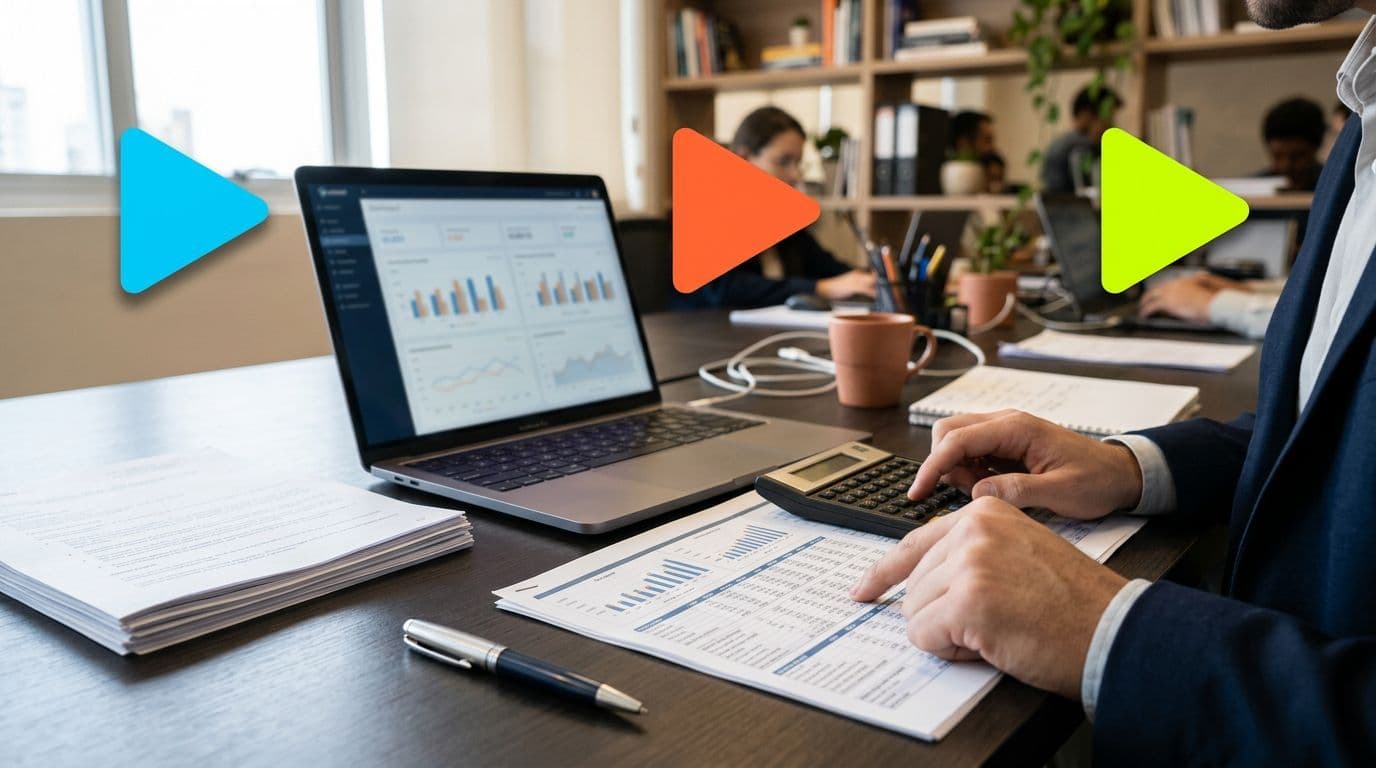 Visão das mãos de um homem de terno usando calculadora e analisando gráficos financeiros impressos e num notebook sobre uma mesa. Ao fundo, equipe trabalha em um escritório moderno.