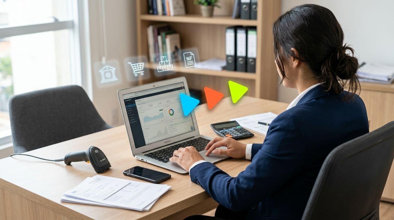 Mulher trabalhando em laptop com gráficos e ícones