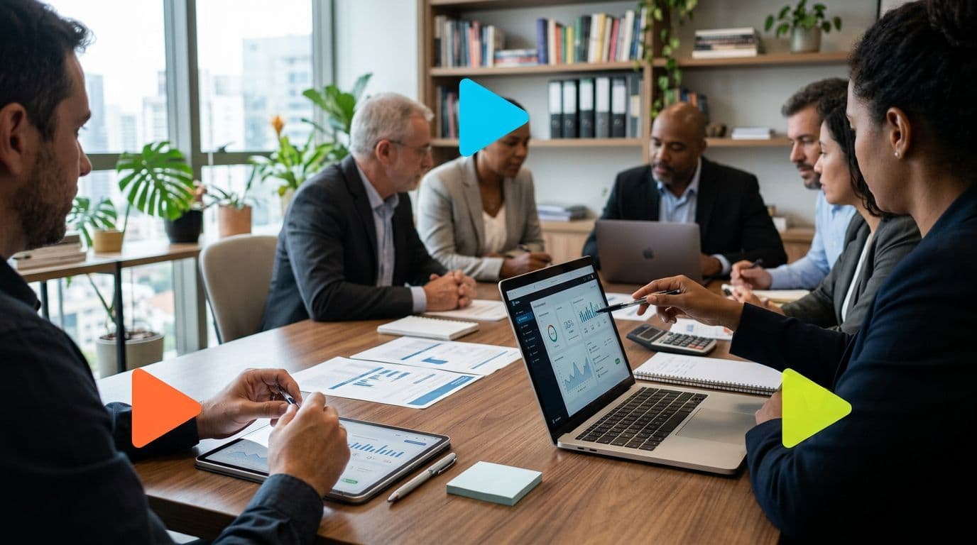 Reunião de negócios em sala moderna com gráficos
