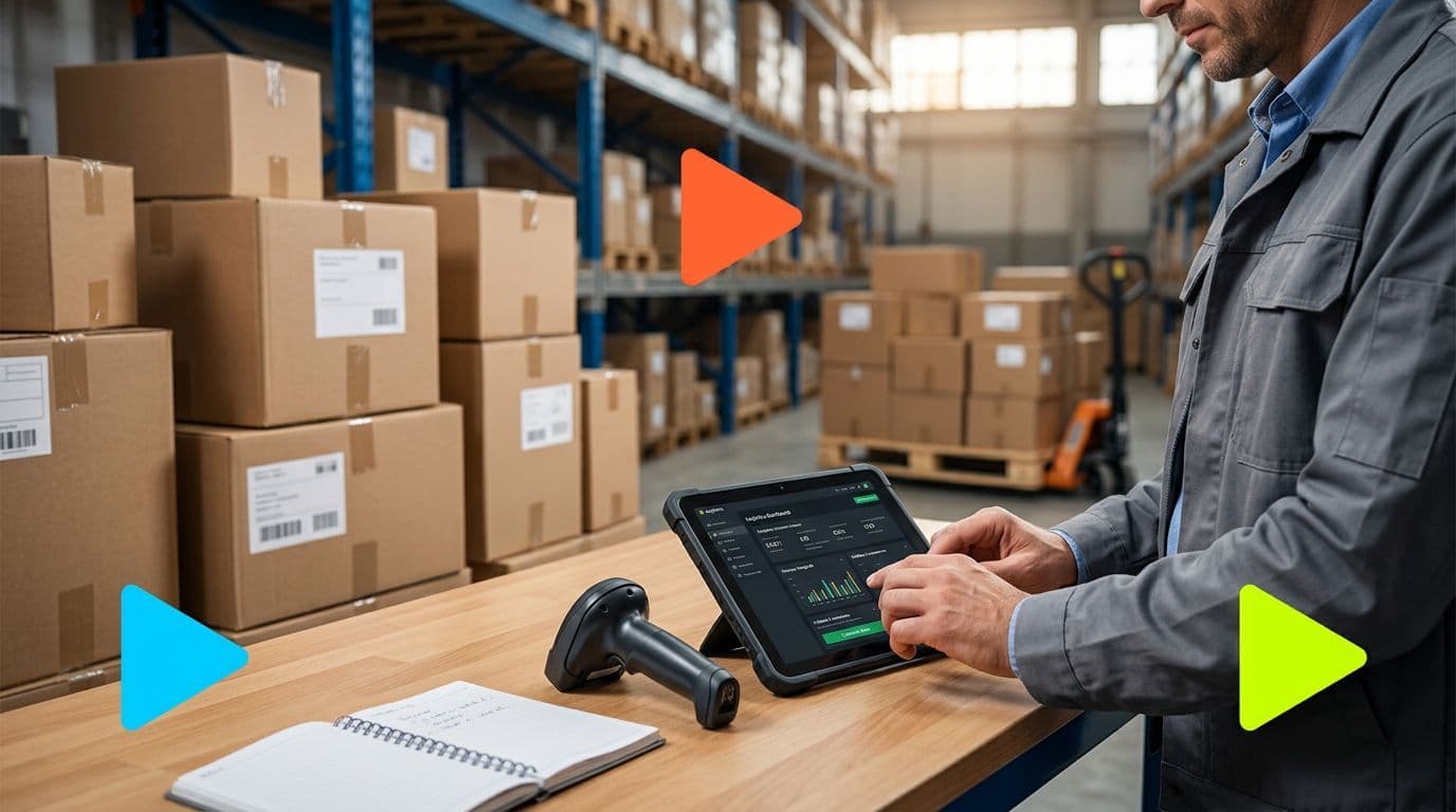 Trabalhador analisando dados em tablet em armazém