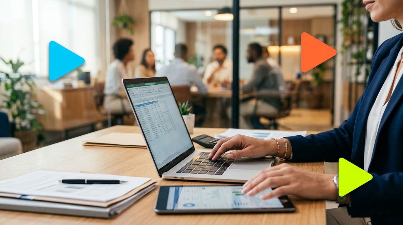 Pessoa trabalhando em um laptop e tablet em escritório moderno