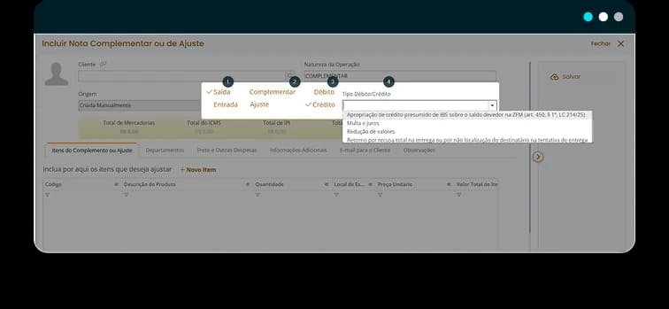 Tela do Omie com as finalidades de nota de crédito e de débito