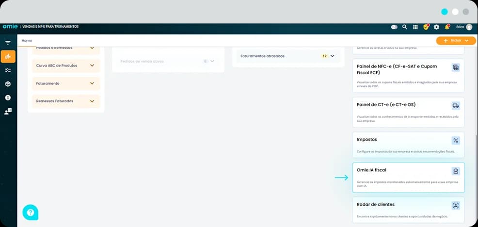 Tela inicial do Omie com destaque para o módulo Omie.IA Fiscal