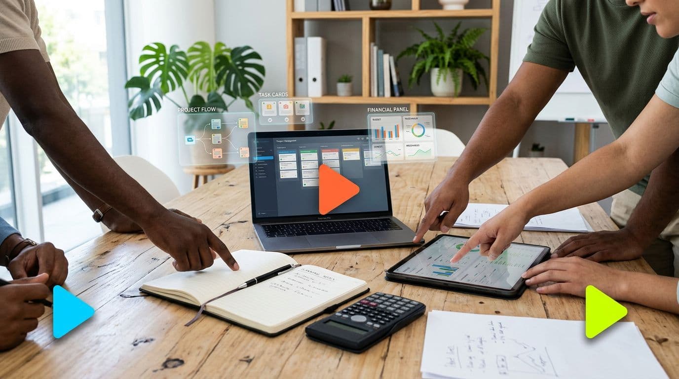 Pessoas analisando dados em mesa com laptop