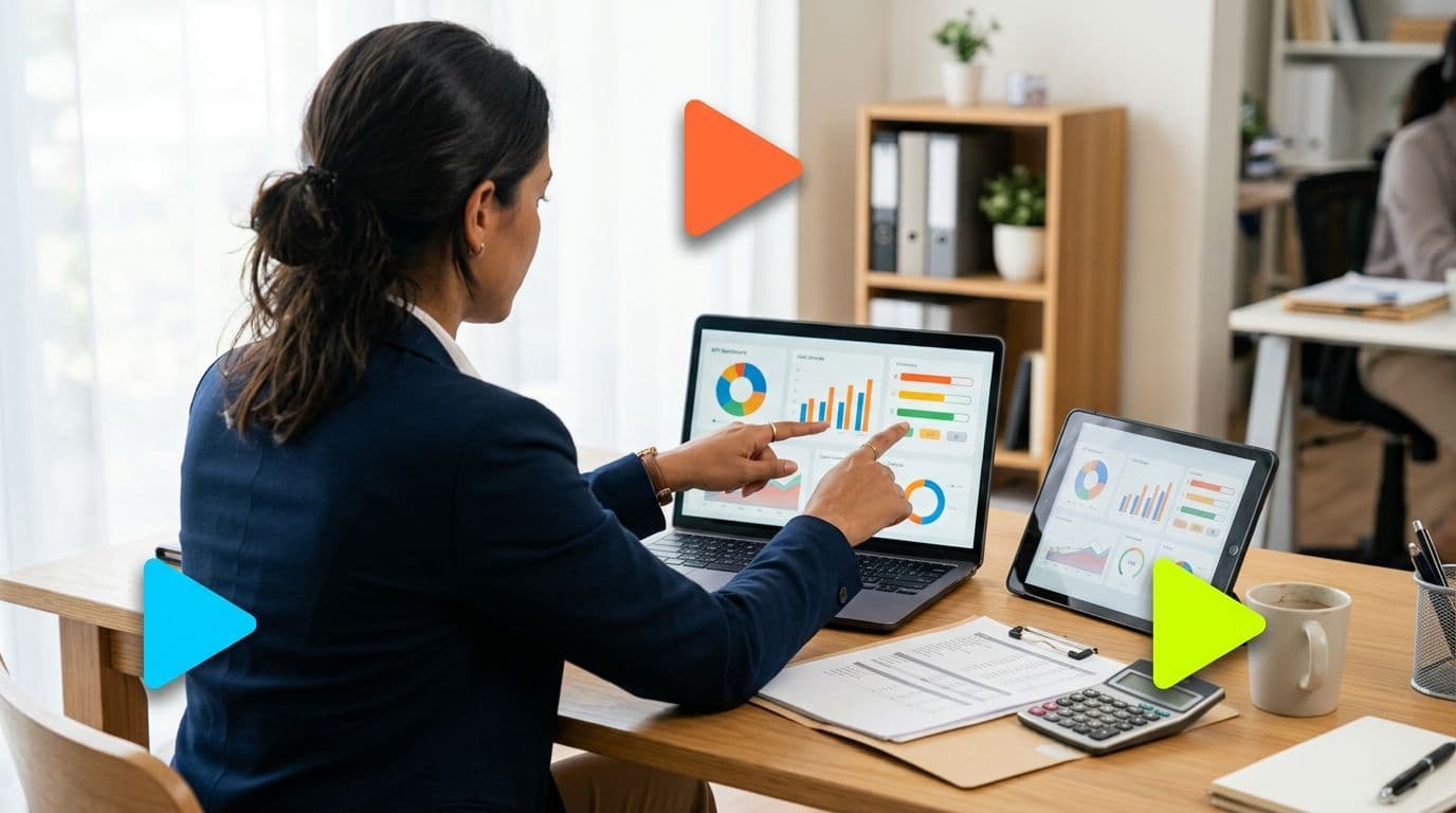 Mulher analisando gráficos em laptop e tablet