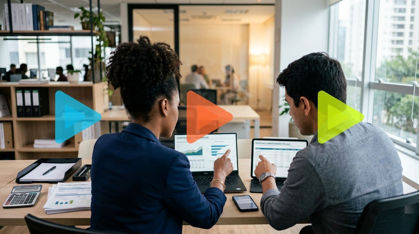 Profissionais analisando dados em laptops no escritório.