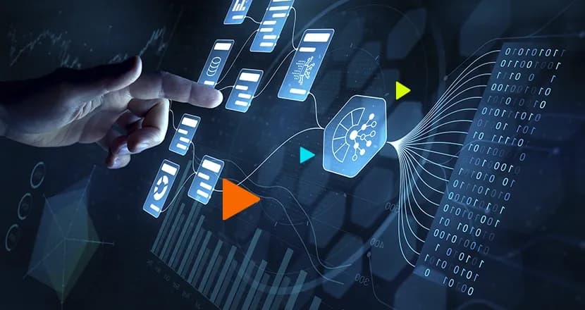Ilustração de um empreendedor tocando na tela digital da automação de processos com erp