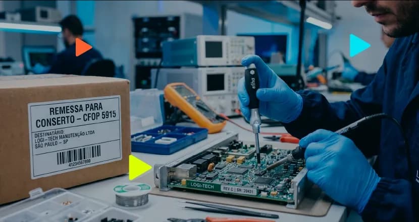 Técnico vestindo luvas azuis consertando uma placa de circuito eletrônico com uma ferramenta em uma bancada. À esquerda, uma caixa de papelão exibe uma etiqueta onde se lê "REMESSA PARA CONSERTO - CFOP 5915". Ao fundo, um ambiente de laboratório com equipamentos e outro profissional trabalhando. Ícones coloridos de 'play' aparecem sobrepostos à imagem.