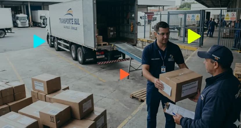 Funcionário entregando caixa de papelão para motorista com prancheta em pátio de carga com caminhão ao fundo.