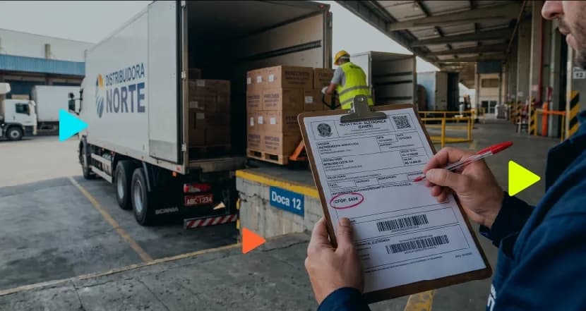 Pessoa segurando prancheta e destacando CFOP 6404 em nota fiscal, com caminhão de carga ao fundo.