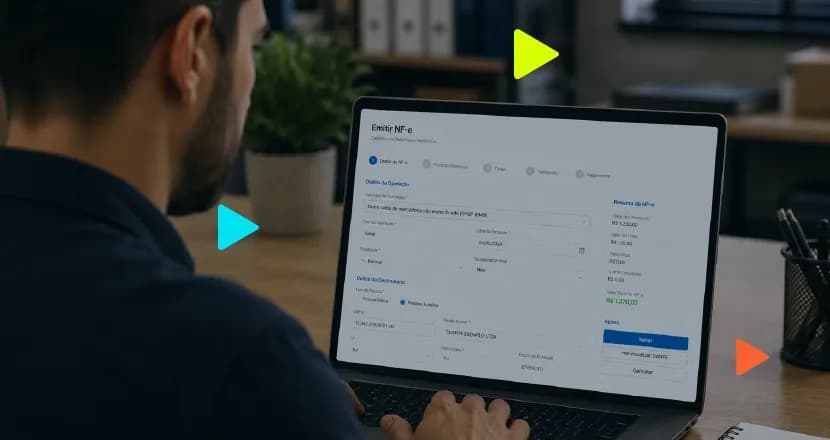 Homem de costas utilizando notebook com tela de emissão de nota fiscal eletrônica.