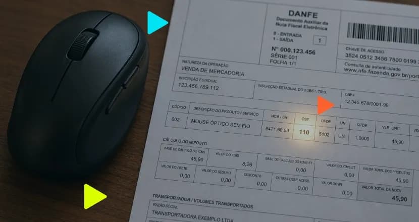Documento DANFE impresso com o código CST 110 em destaque ao lado de um mouse preto sobre mesa de madeira.