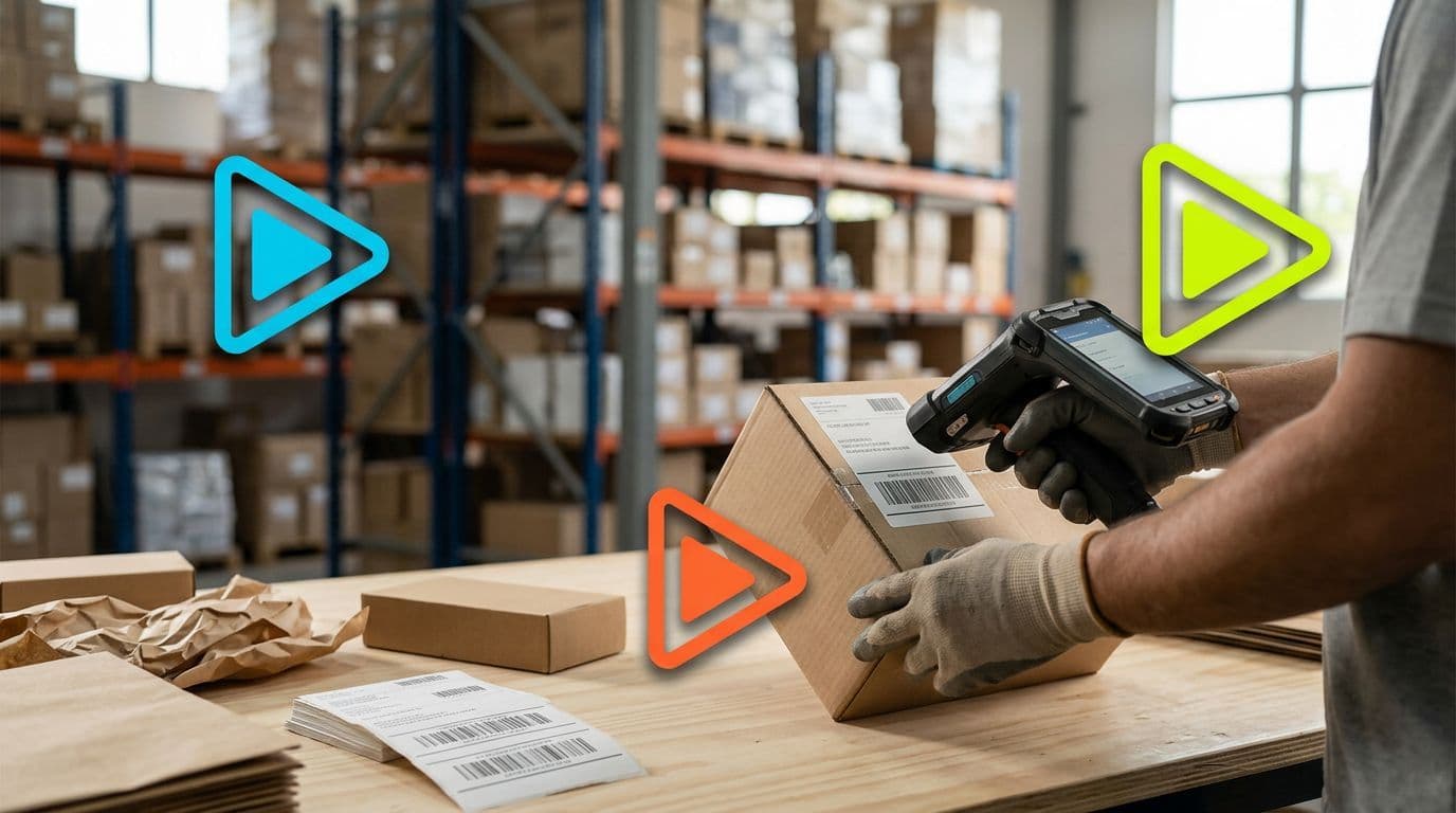 Trabalhador com luvas utilizando um coletor de dados para ler o código de barras da etiqueta de uma caixa de papelão em um galpão de estoque.
