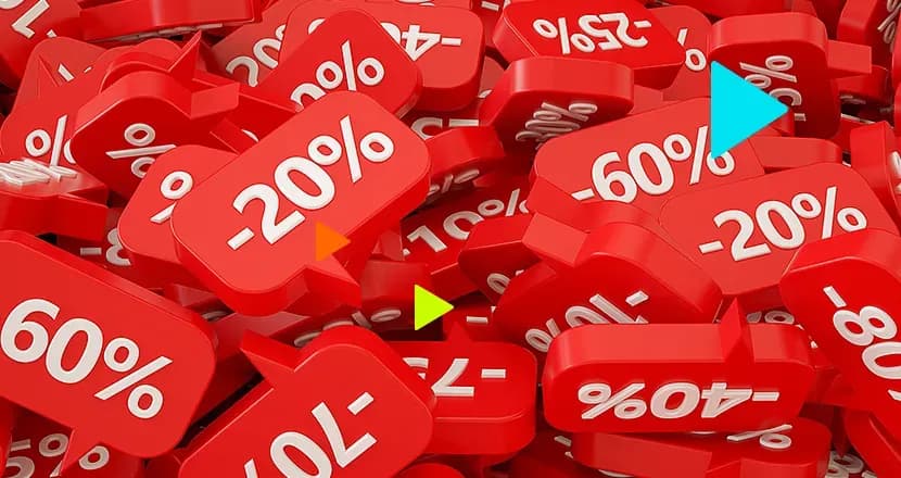 desconto progressivo: pilha de placas de desconto em diferentes porcentagens