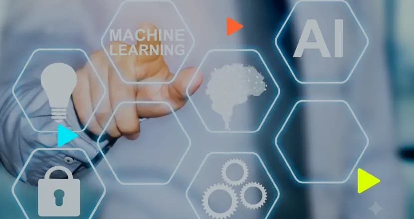 Pessoa toca painel holográfico com hexágonos mostrando os termos Machine Learning e AI, cérebro digital, engrenagens e lâmpada.