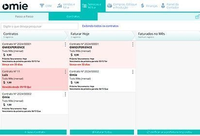 Kanban de contratos — Serviços e NFS-e Omie