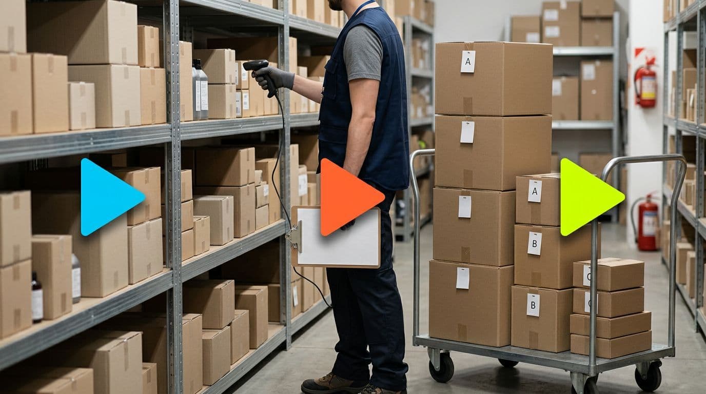 Funcionário de armazém escaneando caixas de produtos.