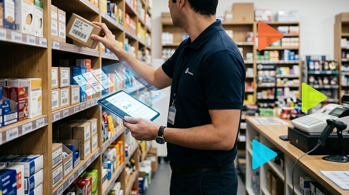 Funcionário organizando produtos em prateleira de farmácia