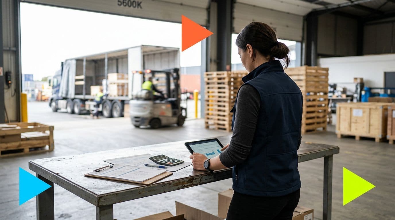 Mulher de colete azul segura tablet com gráficos em galpão industrial. Na mesa: prancheta e calculadora. Ao fundo, empilhadeira carrega caminhão com caixas e paletes de madeira.