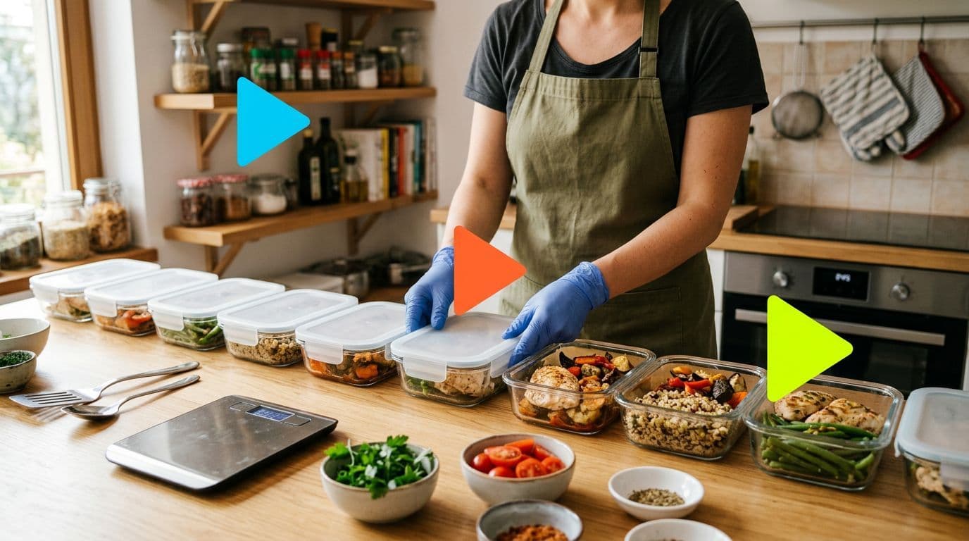 Pessoa de avental verde e luvas azuis fechando potes de vidro com refeições saudáveis numa cozinha. Sobre a bancada de madeira há balança, talheres, tomates e temperos em tigelas.