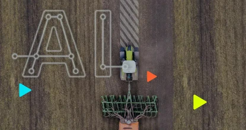 Vista aérea de trator arando a terra com a sigla AI em formato de circuito digital conectada ao veículo.