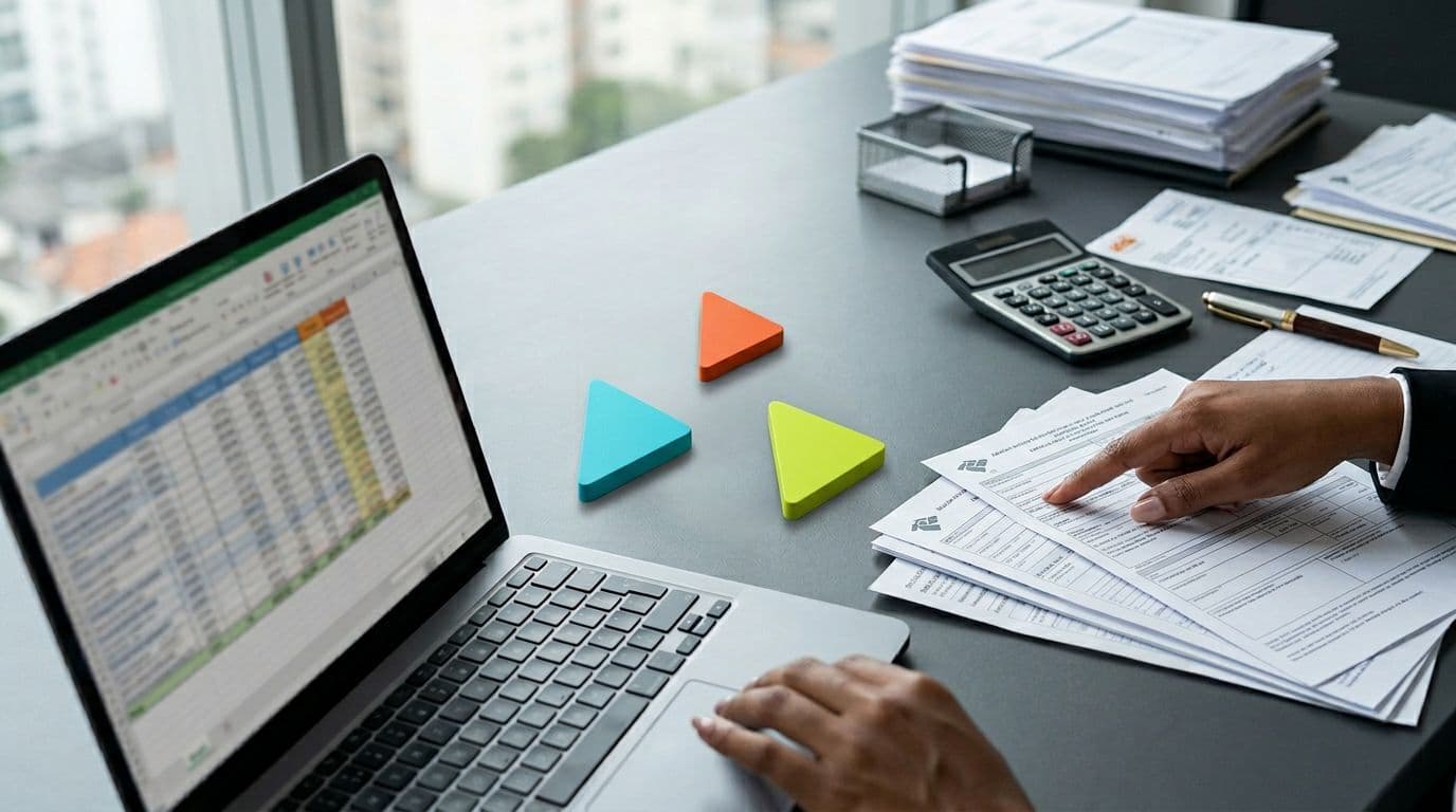 Mão apontando para documentos em mesa de escritório moderna