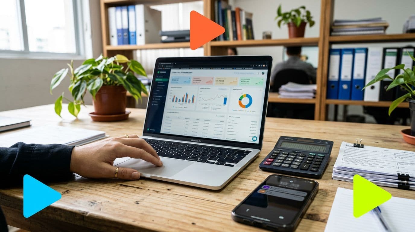 Mesa de trabalho com laptop e gráficos financeiros