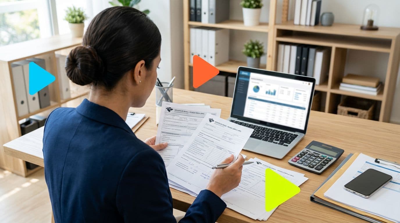 Mulher analisando documentos em mesa de escritório moderno