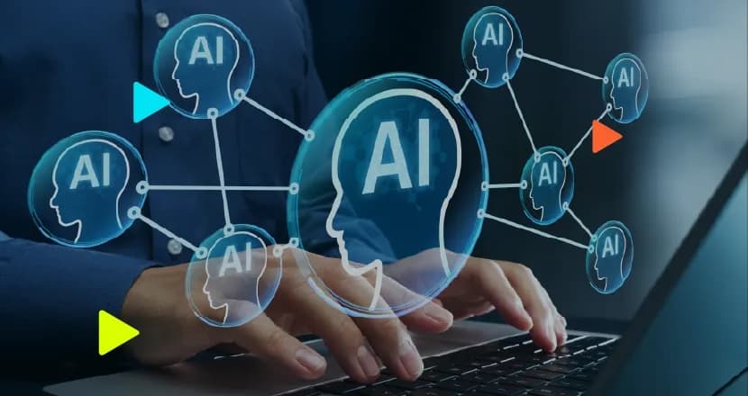 Mãos digitam em notebook sob rede holográfica de perfis humanos com a sigla AI conectados, ilustrando a governança de inteligência artificial corporativa.