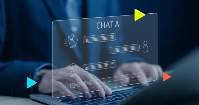 Mãos de pessoa de terno digitam em notebook sob painel holográfico de Chat AI mostrando balões de diálogo e campo de Command Prompt.