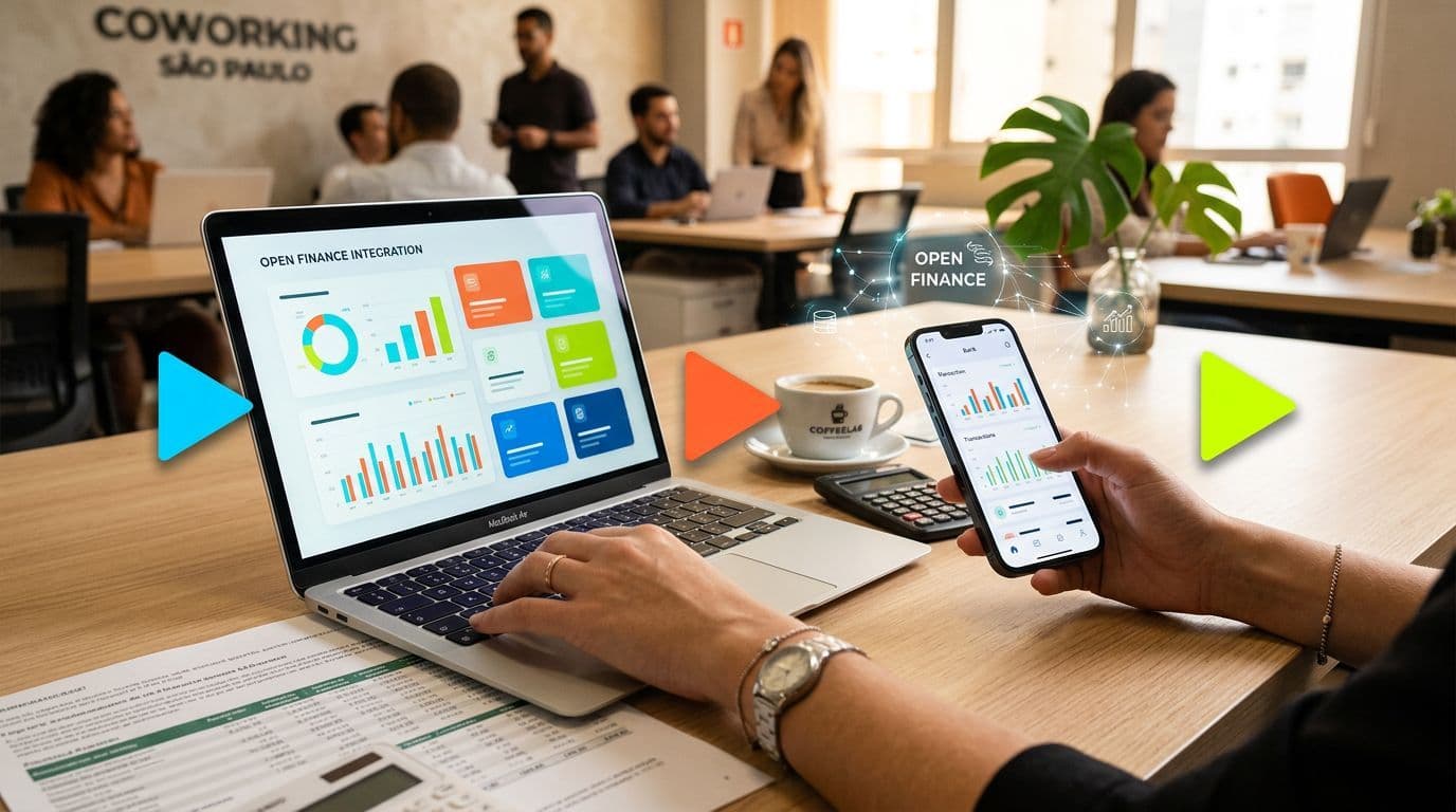 Pessoa utilizando laptop e smartphone em coworking