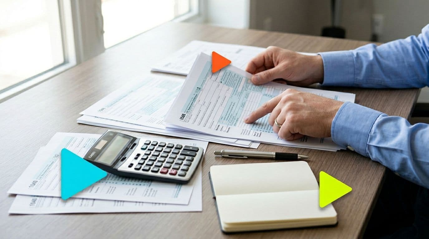 Pessoa preenchendo formulários financeiros, com calculadora.