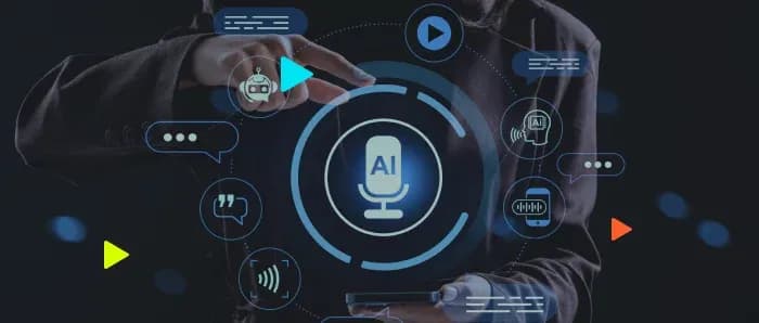 Pessoa interage com interface digital de inteligência artificial com ícone de microfone e comandos de voz.