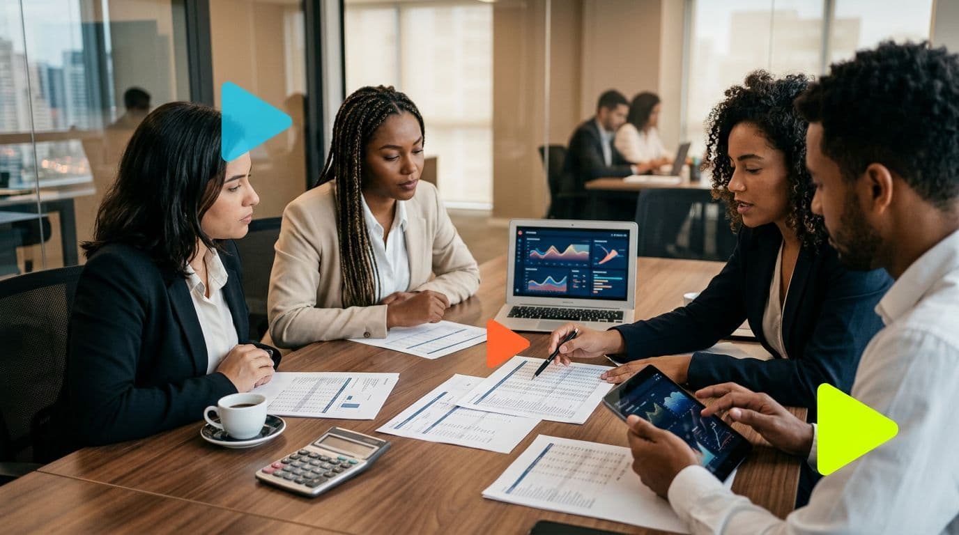 Reunião de equipe analisando gráficos e dados financeiros