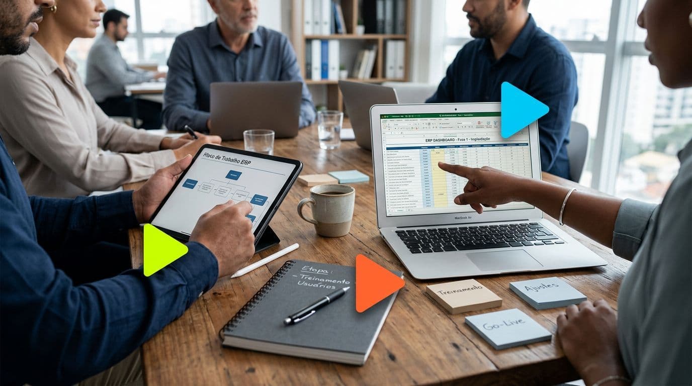 Reunião de negócios com apresentação em tablets e laptops.