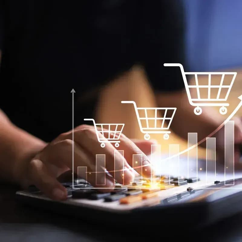 Mãos usando uma calculadora com gráficos e carrinhos de compra sobrepostos