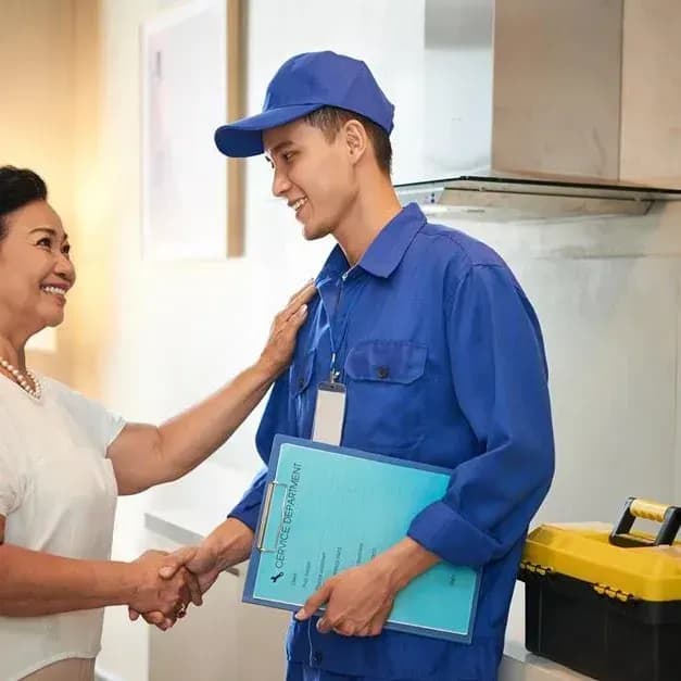 Técnico uniformizado cumprimentando uma cliente na porta de casa