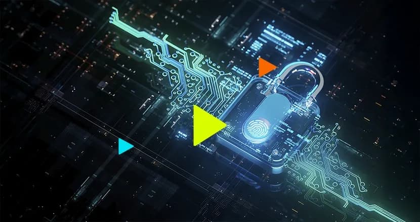 Ilustração de um cadeado e linhas luminosas se interligando para representar a segurança e privacidade do sistema erp