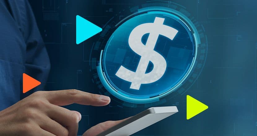 Mão usando smartphone com cifrão digital flutuando sobre a tela, ilustrando stablecoin e finanças digitais.