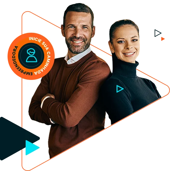 Homem e mulher de costas um para o outro com selo de empreendedor