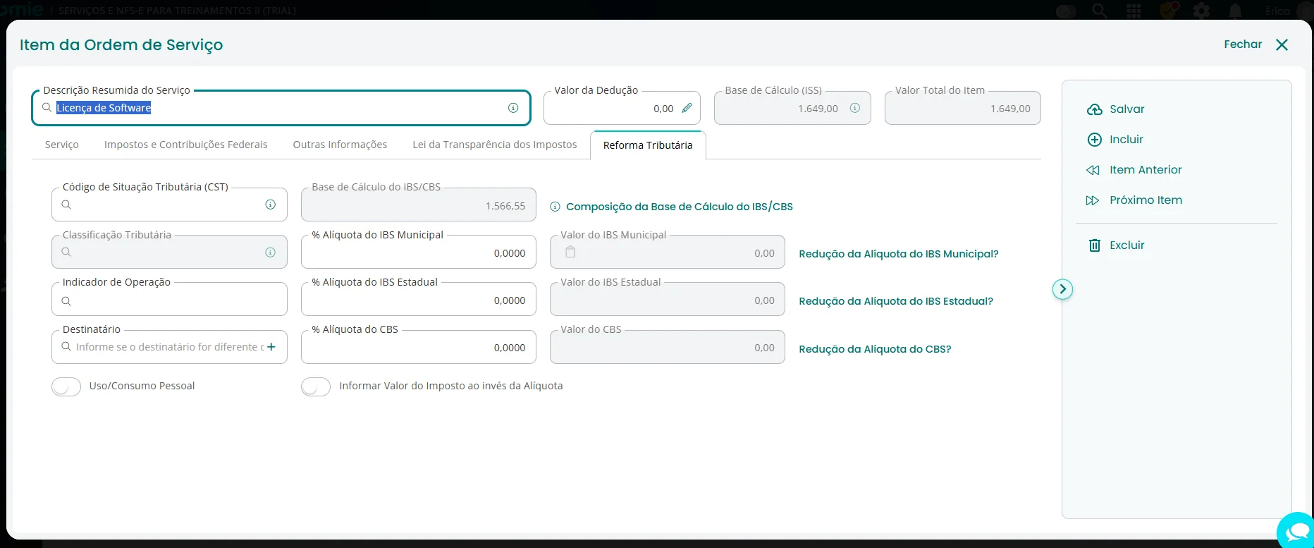 Imagem do sistema onde é possível ver as informações sobre os itens da ordem de serviço