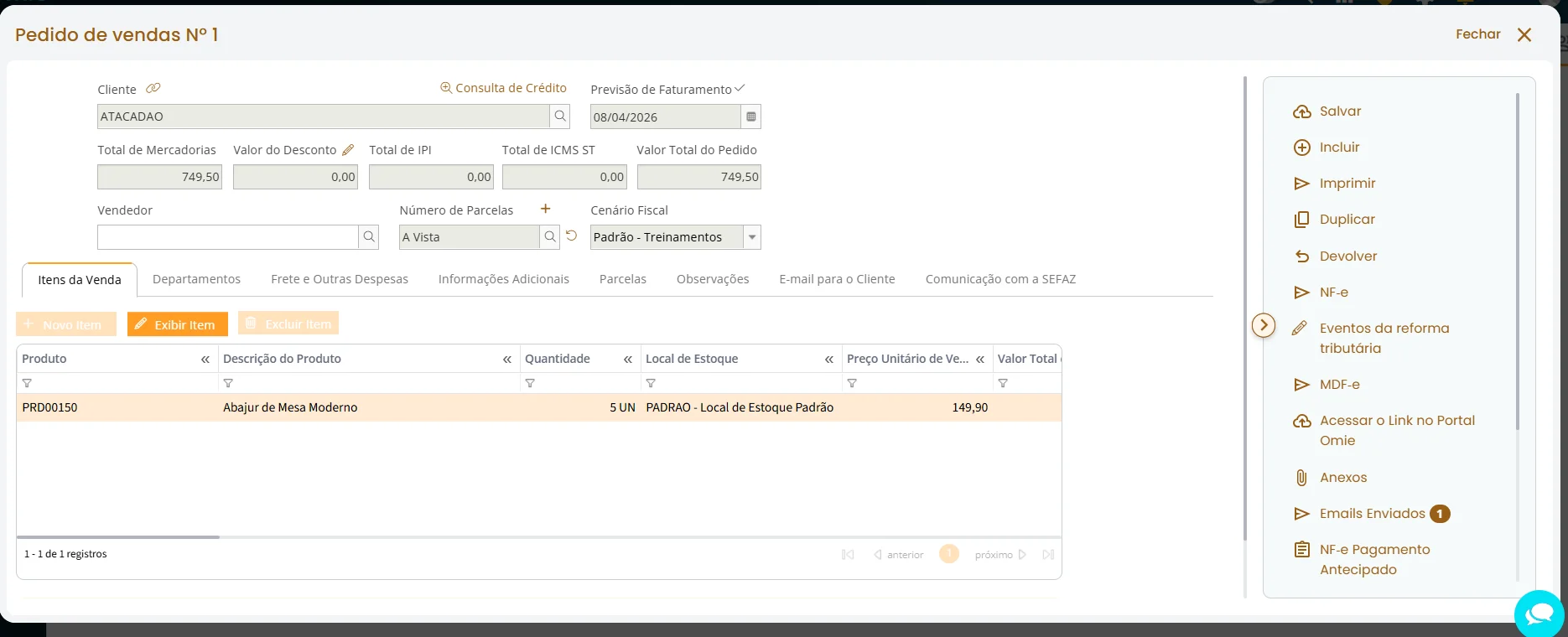 Imagem do sistema onde é possível ver as informações sobre o pedido faturado com os produtos