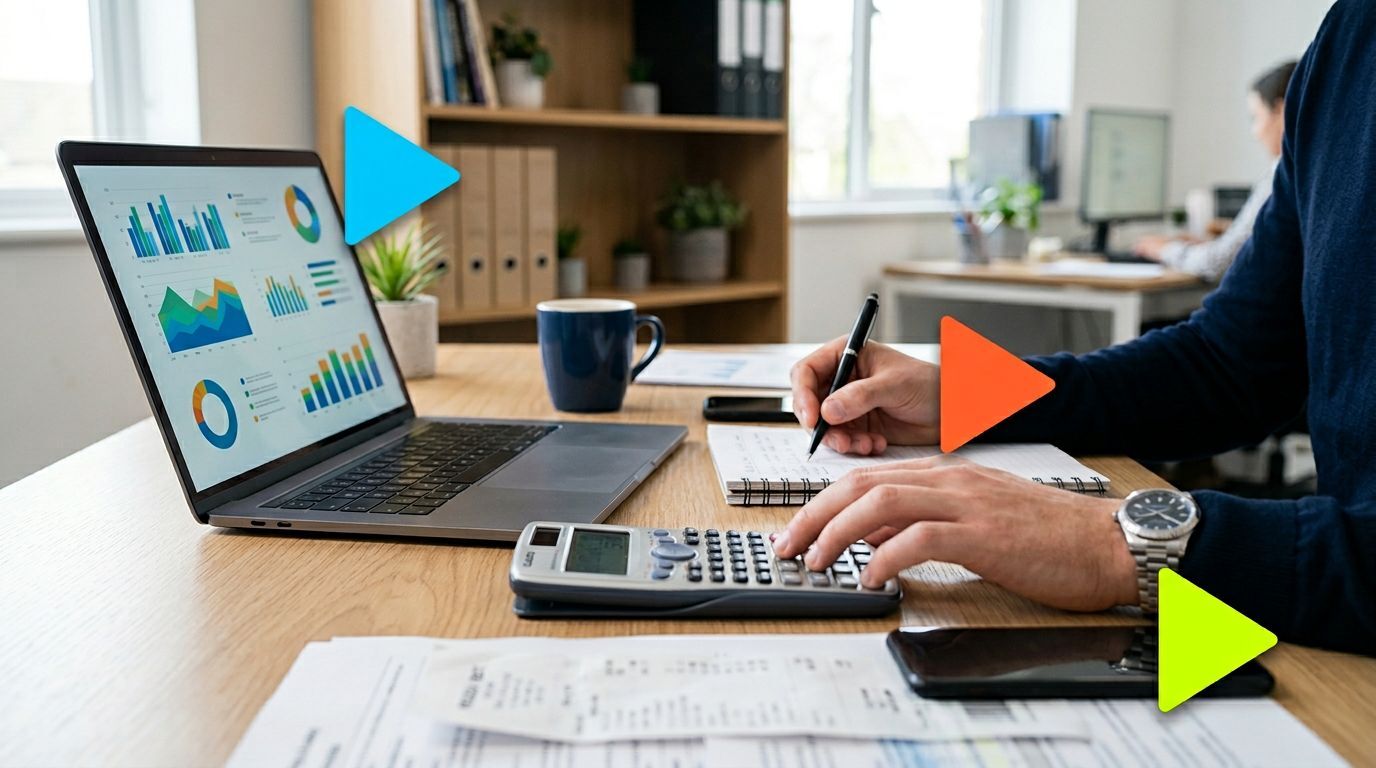 Pessoa trabalhando em mesa com notebook e gráficos.