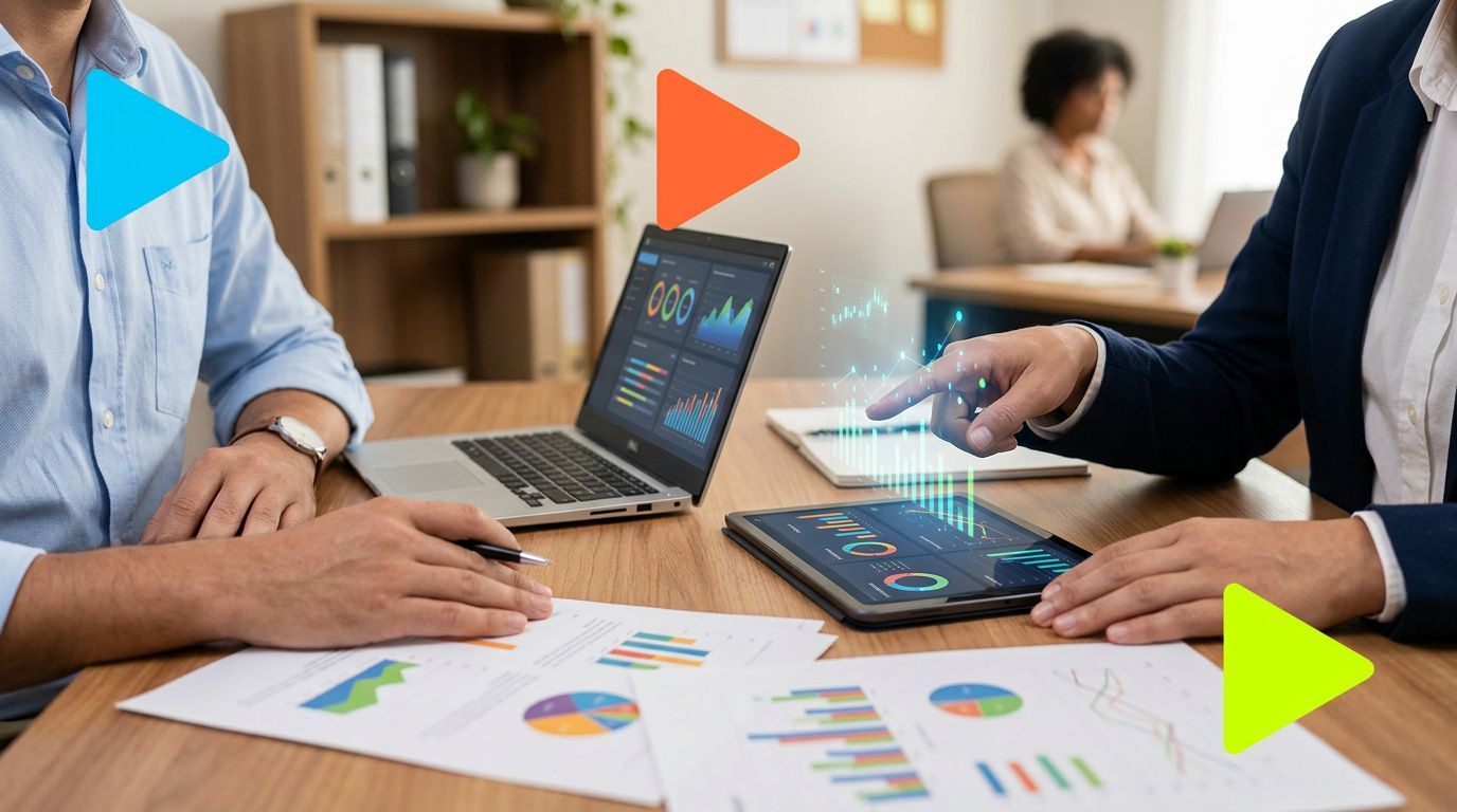 Análise de dados em reunião com gráficos e relatórios