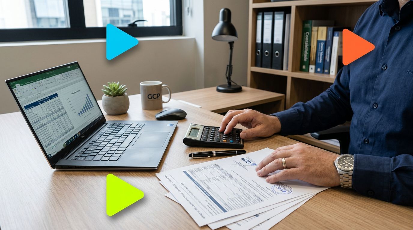 Pessoa trabalhando em escritório com computador e documentos